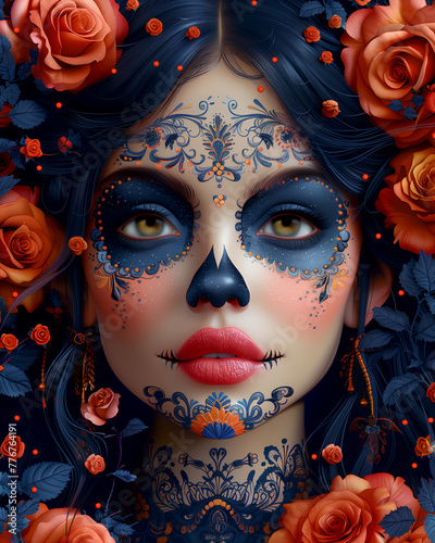Mexican girl with makeup in the style of a sugar skull, on a background of red roses. Traditional style for Mexican holidays