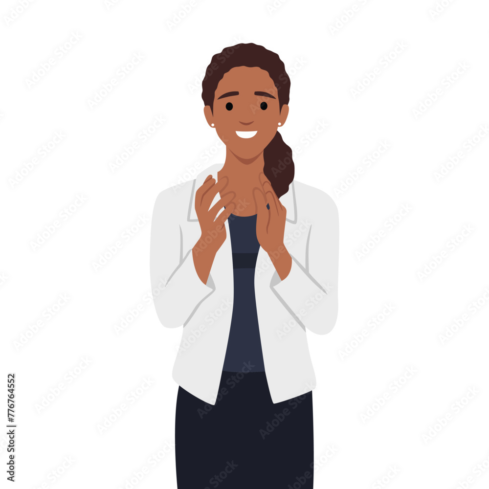Woman clapping with both hands applause congratulations concept. Flat vector illustration isolated on white background Woman clapping with both hands applause congratulations concept. Flat vector illustration isolated on white background