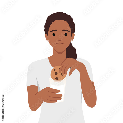 Young black woman hold glass of milk with cookie. Flat vector illustration isolated on white background