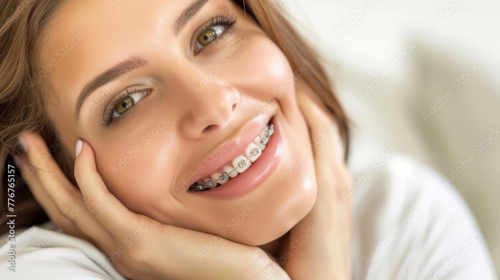 braces on teeth Beautiful red lips and white teeth with metal braces. A girl's smile.