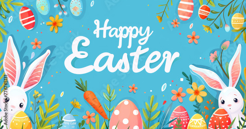 Vector illustration of a Happy Easter greeting card with the text "Happy Easter", a bunny, carrot and colorful eggs on a blue background