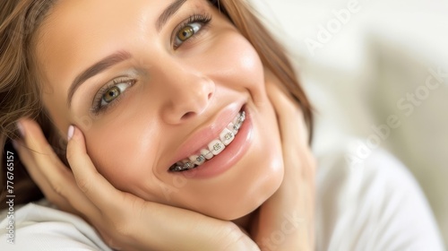 braces on teeth Beautiful red lips and white teeth with metal braces. A girl's smile. photo