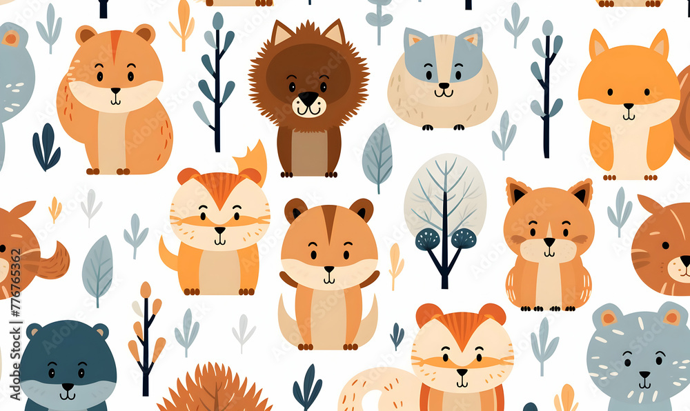 flat color Vector seamless pattern with cute