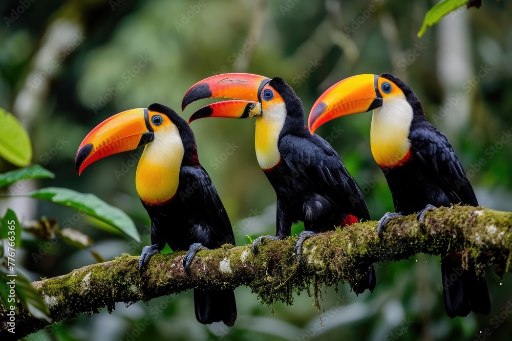 Naklejka premium Colorful toucans perched in tropical rainforests, Vibrant toucans adding bursts of color to lush tropical rainforest settings.