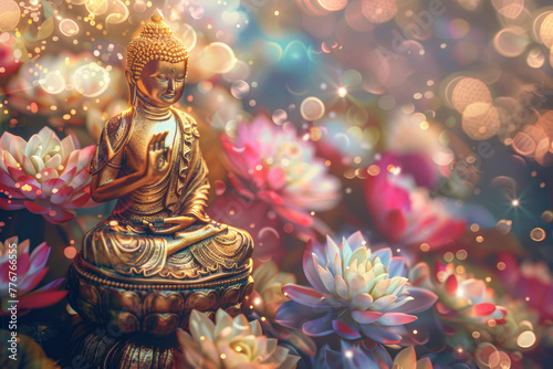 glowing golden buddha decorated with flowers