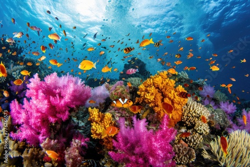 Coral reef wonders Colorful underwater scenes teeming with marine life  Breathtaking underwater vistas showcasing vibrant coral reefs bustling with marine biodiversity.