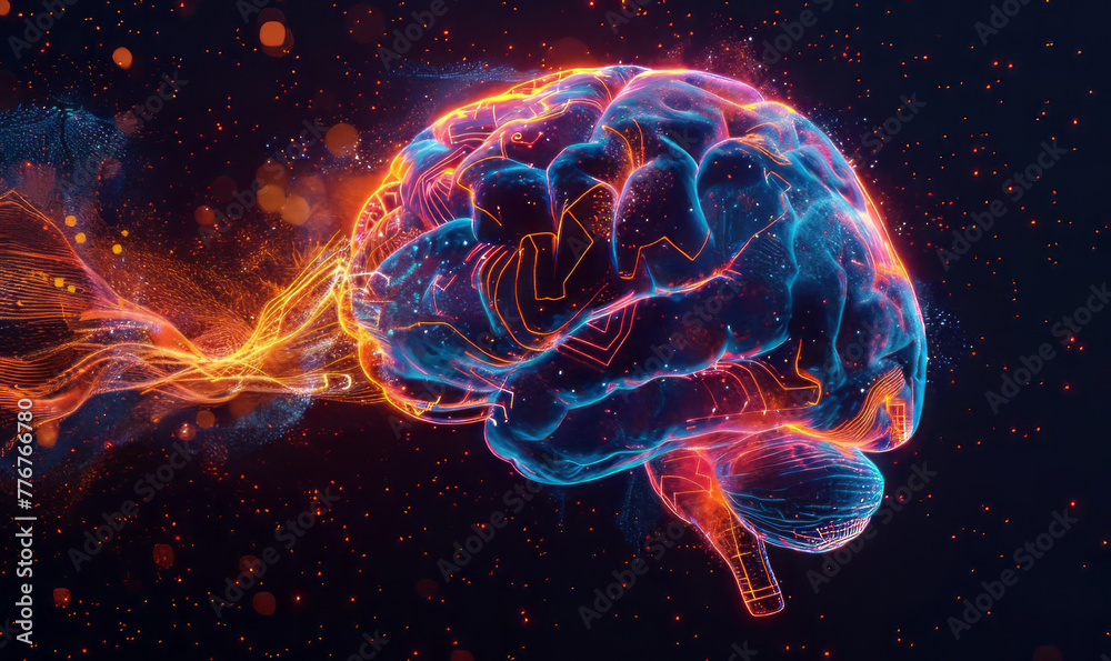 brain with circuits intertwined with paint splatters: Suggests that AI draws from both logic and creativity,generative ai brain with circuits intertwined with paint splatters: Suggests that AI draws from both logic and creativity,generative ai