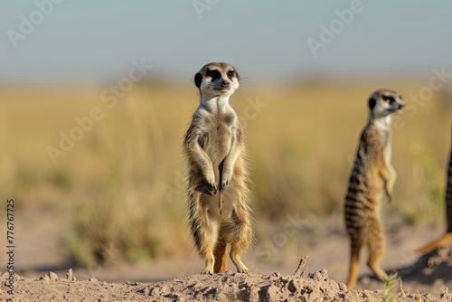Curious meerkats standing on hind legs in the desert, Endearing image of inquisitive meerkats standing upright on their hind legs in the vast desert expanse, showcasing their alertness and curiosity.