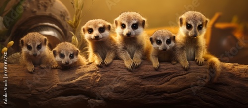 Group of five meerkats are perched together on a wooden log in their natural habitat
