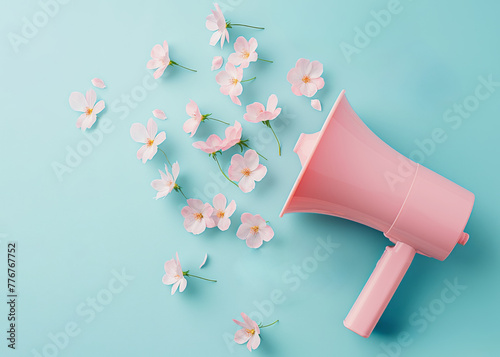 Minimalist concept of a pink megaphone and flowers flying out of it isolated on a pastel blue background. photo