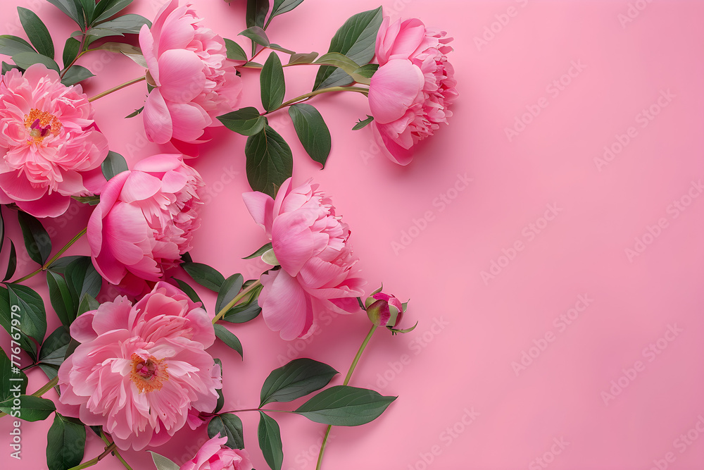 Peonies and roses on pink background with copy space, romantic floral frame layout for Women's Day or Mother's Day. Peonies and roses on pink background with copy space, romantic floral frame layout for Women's Day or Mother's Day.