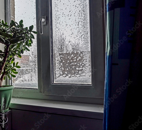 wet snow stuck to the window