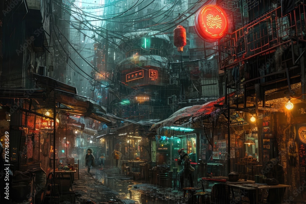 Cyberpunk dystopian slums run-down areas with makeshift tech adaptations, Bleak cyberpunk dystopian slums characterized by dilapidated structures