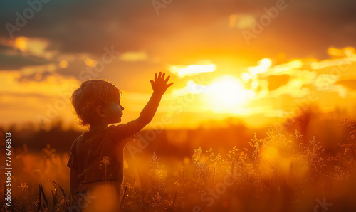 golden-hour scene capturing the silhouette of a child waving their hand against the backdrop of a breathtaking sunset,generative ai