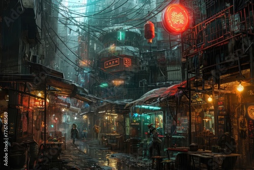 Cyberpunk dystopian slums run-down areas with makeshift tech adaptations, Bleak cyberpunk dystopian slums characterized by dilapidated structures