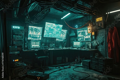 Cyberpunk hacker den in a dark, underground space with screens and tech equipment, Intriguing cyberpunk hacker hideout nestled in a dimly lit, underground location photo