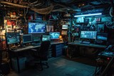 Cyberpunk hacker den in a dark, underground space with screens and tech equipment, Intriguing cyberpunk hacker hideout nestled in a dimly lit, underground location
