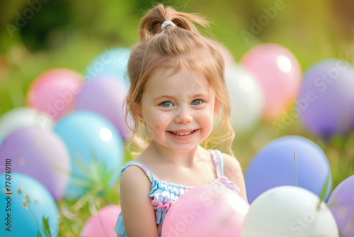 Wallpaper Mural Happy Little Girl with Balloons, Generative AI Torontodigital.ca