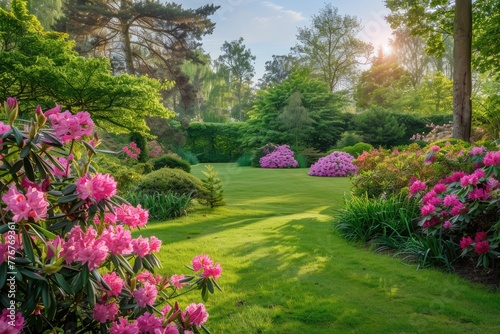 Beautiful garden with pink rhododendrons.