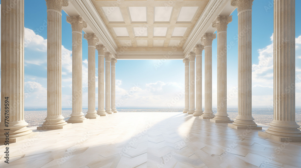 Colonnade with ionic columns. Ancient Greek temple with sky view background