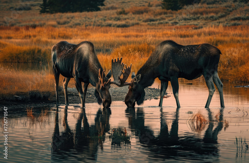 Two moose drinking water from the river in Grand Teton National Park, USA