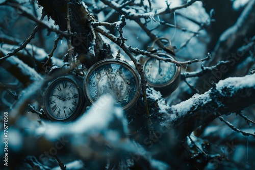 Vintage pocket watches entwined in frosty branches, a conceptual piece intertwining time and the silent beauty of winter.