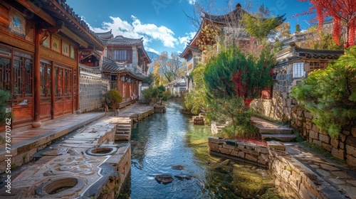 "Lijiang, China: Historic Center in Radiant Sunshine" Immerse yourself in the charm of Lijiang's historic center with this vibrant HDR image capturing the sunny weather and architectural beauty. 