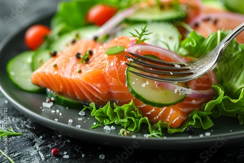 Gourmet Salmon Salad with Fresh Greens,Cucumber,and Onion on Fork