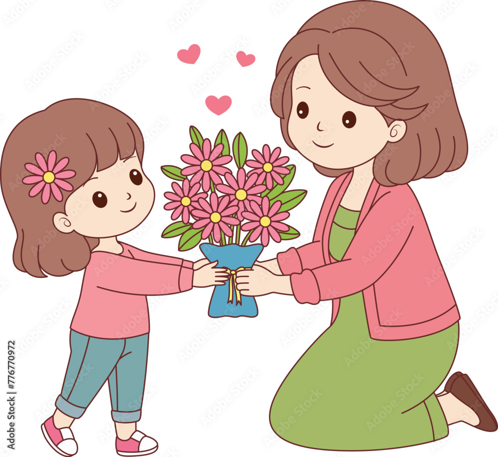 Mothers Day Child Giving Flowers for Mom Illustration Mothers Day Child Giving Flowers for Mom Illustration