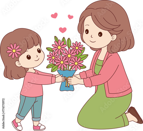 Mothers Day Child Giving Flowers for Mom Illustration