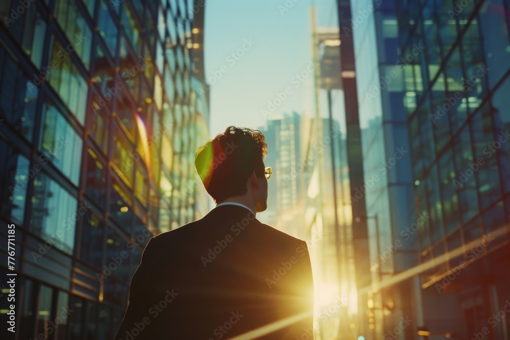 Back view of a man facing a modern cityscape at sunrise, contemplating a new day.
Back view of a man facing a modern cityscape at sunrise, contemplating a new day.