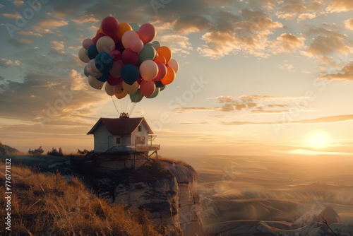 A whimsical house lifted by colorful balloons against a dreamy sunrise.