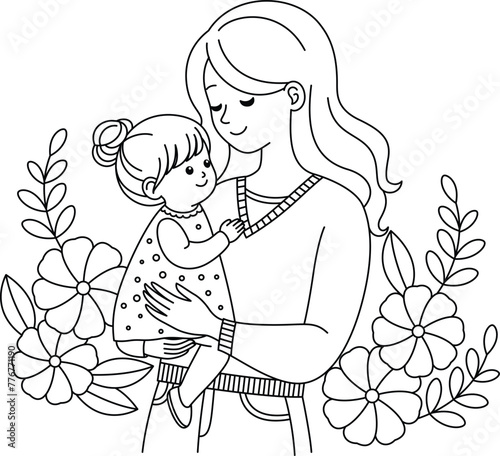 Cute kawaii Mother Holding a Child cartoon character coloring page vector illustration, Happy Mother's day illustrations