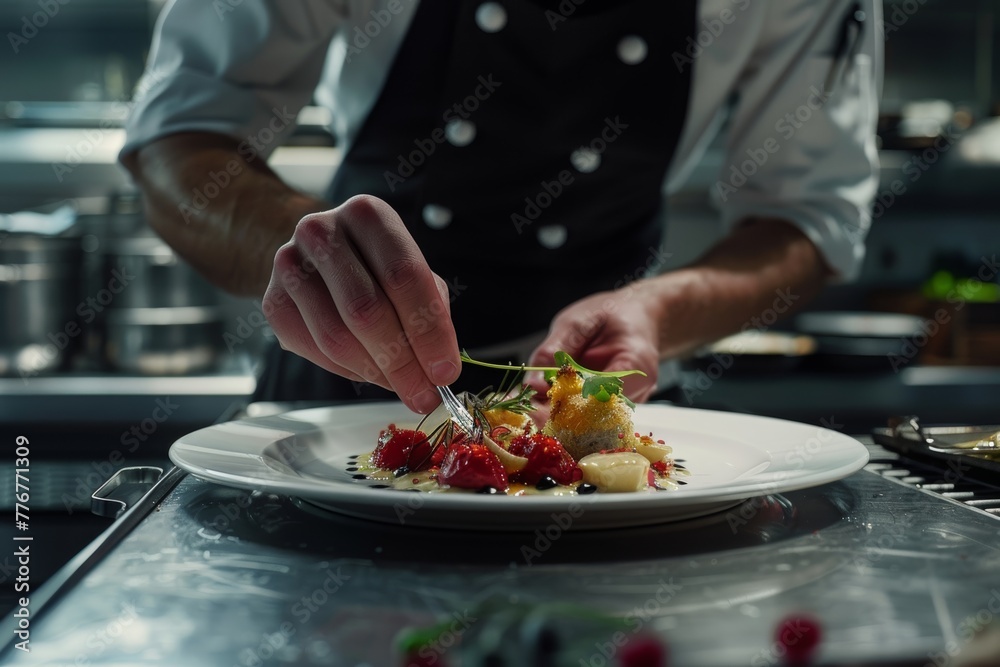 Chef delicately garnishing a gourmet dish, showcasing culinary art and fine dining elegance.

