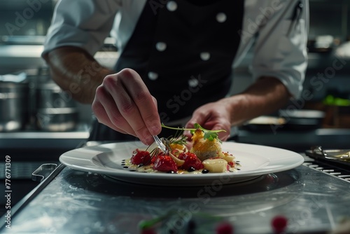 Chef delicately garnishing a gourmet dish, showcasing culinary art and fine dining elegance.