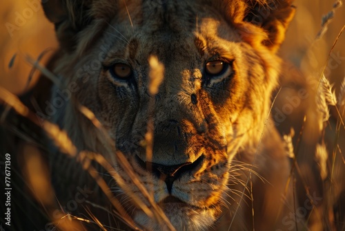 Intense gaze of a lion in the wild  captured during the golden hour  
