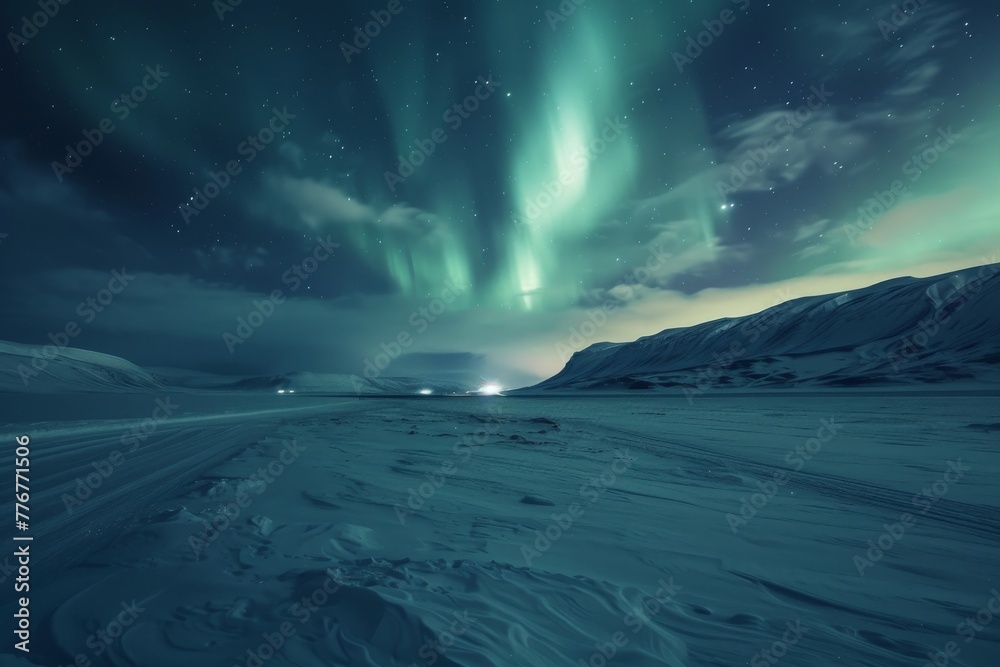 Northern lights dance across a snow-covered landscape, a spectacle of nature's winter magic.

