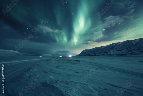 Northern lights dance across a snow-covered landscape, a spectacle of nature's winter magic.