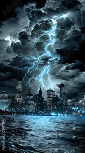 Intense Thunderstorm over Cityscape with Lightning Bolts Illuminating the Dark, Churning Sky and Waters
