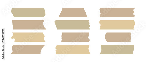 Beige adhesive tape piece set. Scotch stripes with torn jagged edges. Plastic duct tape band collection. Sticky masking paper for package wrap, blank tag, label, sticker, decoration. Vector pack