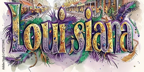 Vibrant Louisiana typography with Mardi Gras and bayou elements, perfect for travel promotion and cultural festival posters photo