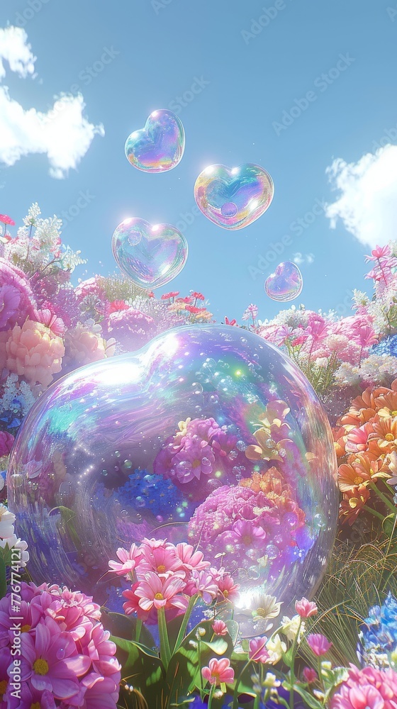 Surreal Floral Dreamscape with Iridescent Bubbles Floating Above a Field of Vivid Spring Flowers Surreal Floral Dreamscape with Iridescent Bubbles Floating Above a Field of Vivid Spring Flowers