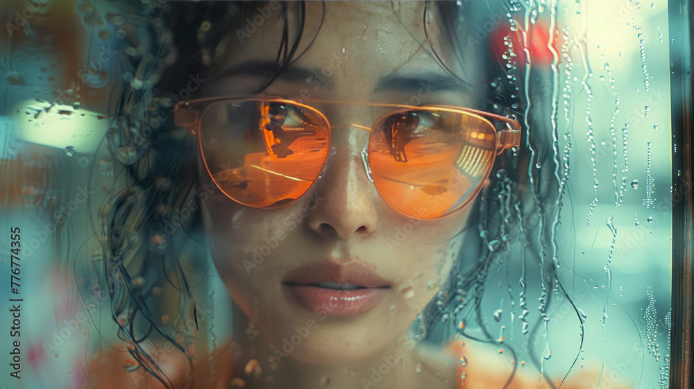 Ethereal reflection, cinematic; woman by shop window, gazing; futuristic urban landscape, flying vehicles; man with sunglasses,generative ai Ethereal reflection, cinematic; woman by shop window, gazing; futuristic urban landscape, flying vehicles; man with sunglasses,generative ai