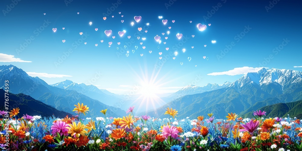 Fototapeta premium Sunrise Over a Lively Mountain Meadow Teeming with Colorful Wildflowers and Heart-Shaped Bubbles, a Scene of Vibrant Natural Splendor