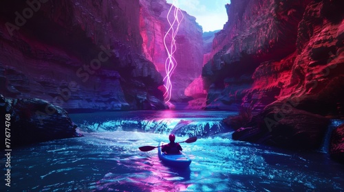 Kayak navigating the rapids of a neon-lit canyon