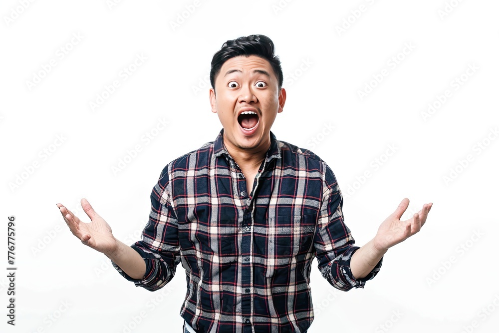 Excited Asian man gasping with hands open and looking to copy space