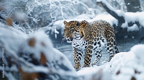 Leopard in a snowy landscape