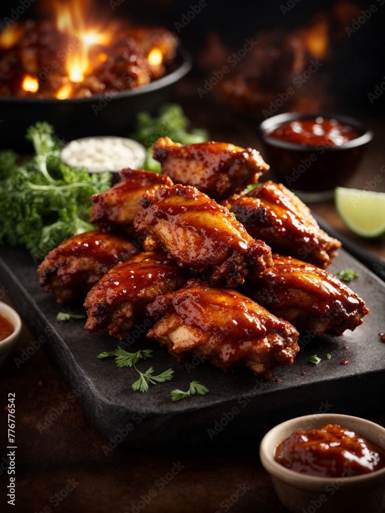 Barbecue chicken wings on a black cutting board. The wings are glossy and caramelized or lacquered