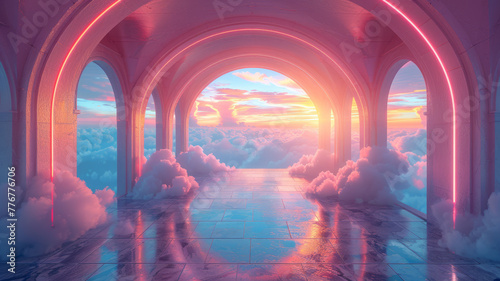 rainbow pastel 3d arch in the clouds, surreal room with rainbow colored floor and sky,generative ai © Chanya2498