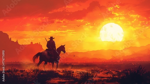 Lone cowboy riding through the Wild West photo